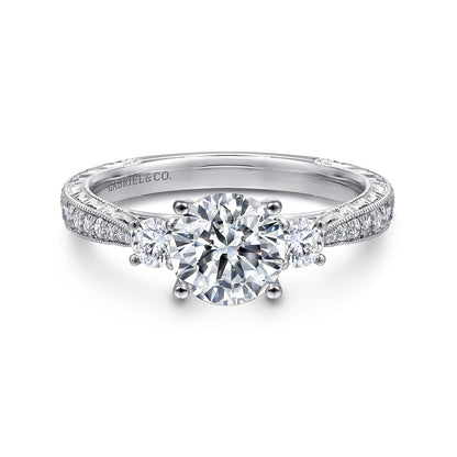 Vintage Inspired 14K White Gold Round Three Stone Diamond Engagement Ring