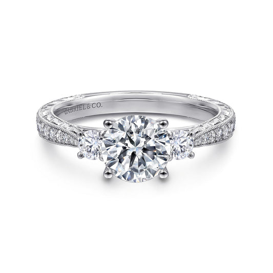 Vintage Inspired 14K White Gold Round Three Stone Diamond Engagement Ring
