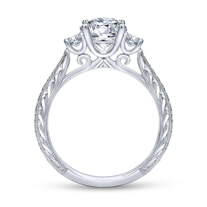 Vintage Inspired 14K White Gold Round Three Stone Diamond Engagement Ring