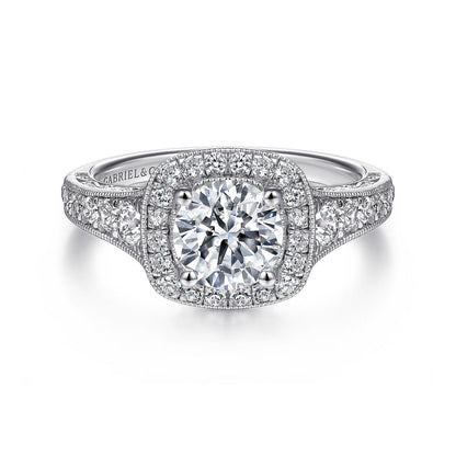 Vintage Inspired 14K White Gold Cushion Halo Round Diamond Engagement Ring