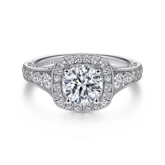 Vintage Inspired 14K White Gold Cushion Halo Round Diamond Engagement Ring