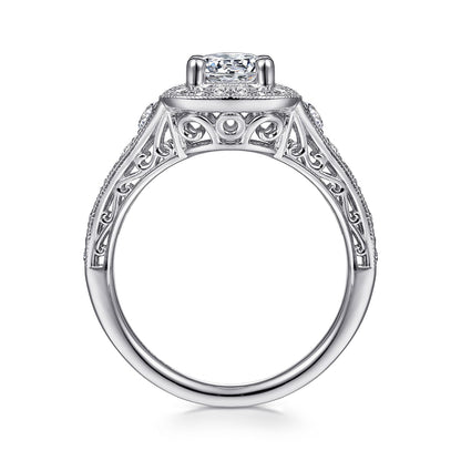 Vintage Inspired 14K White Gold Cushion Halo Round Diamond Engagement Ring