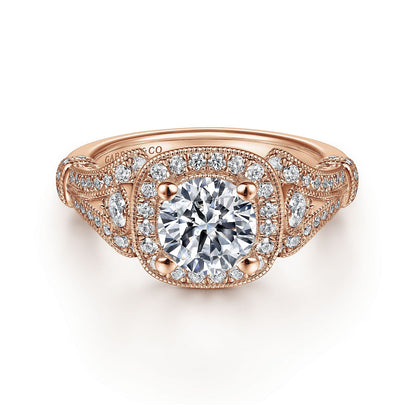 Vintage Inspired 14K Rose Gold Cushion Halo Round Diamond Engagement Ring