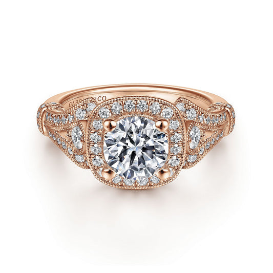 Vintage Inspired 14K Rose Gold Cushion Halo Round Diamond Engagement Ring
