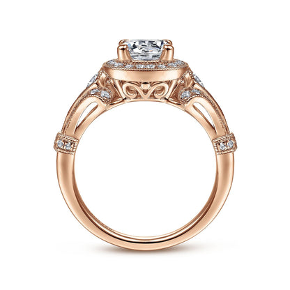 Vintage Inspired 14K Rose Gold Cushion Halo Round Diamond Engagement Ring