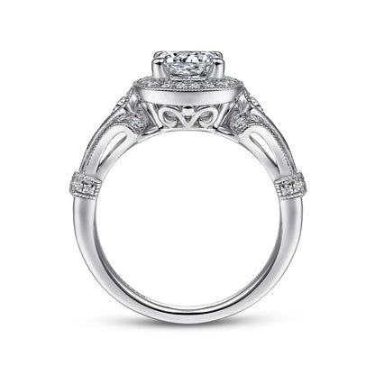 Vintage Inspired Platinum Cushion Halo Round Diamond Engagement Ring