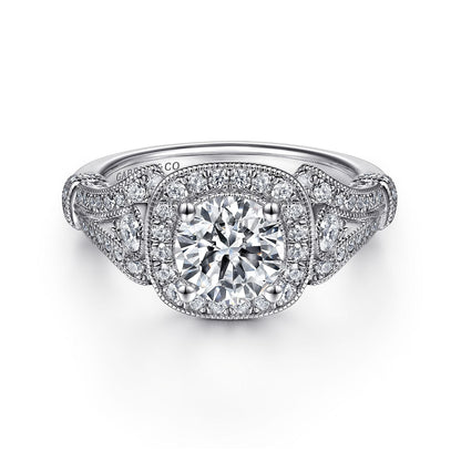 Vintage Inspired 14K White Gold Cushion Halo Round Diamond Engagement Ring