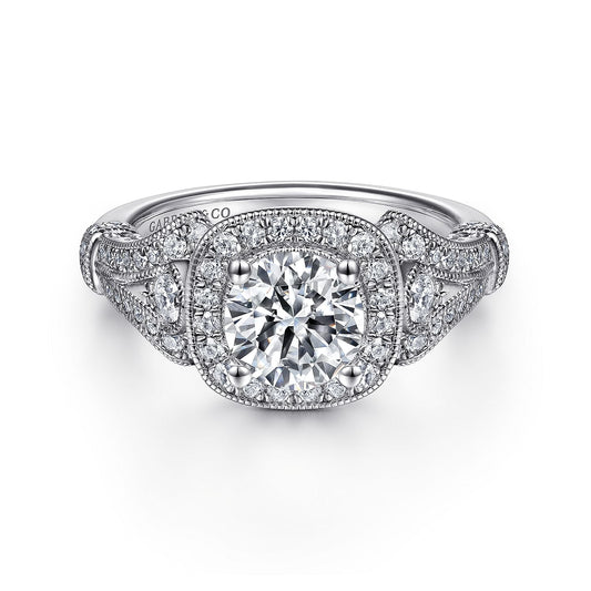 Vintage Inspired 14K White Gold Cushion Halo Round Diamond Engagement Ring