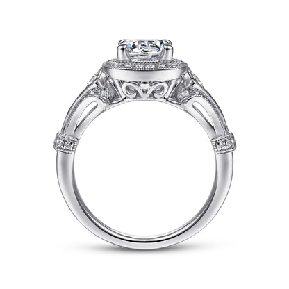 Vintage Inspired 14K White Gold Cushion Halo Round Diamond Engagement Ring