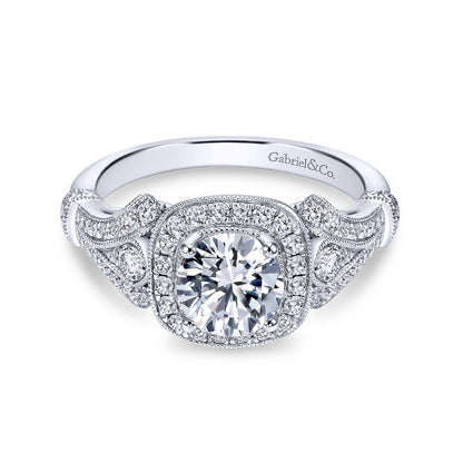 Vintage Inspired 18K White Gold Cushion Halo Round Diamond Engagement Ring