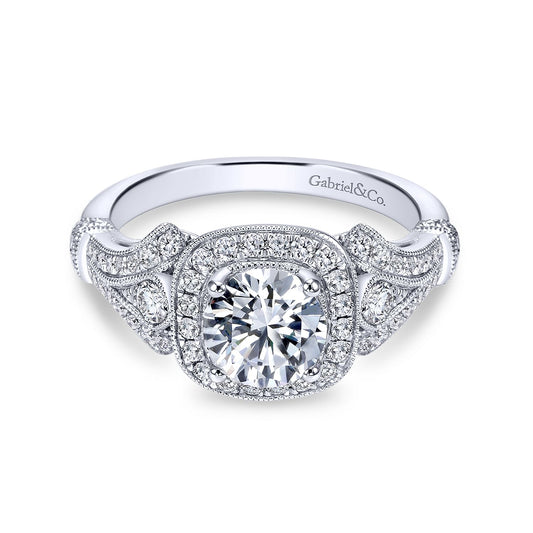 Vintage Inspired 18K White Gold Cushion Halo Round Diamond Engagement Ring