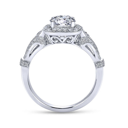 Vintage Inspired 18K White Gold Cushion Halo Round Diamond Engagement Ring