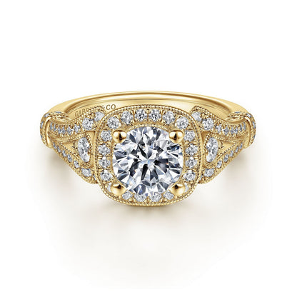 Vintage Inspired 14K Yellow Gold Cushion Halo Round Diamond Engagement Ring
