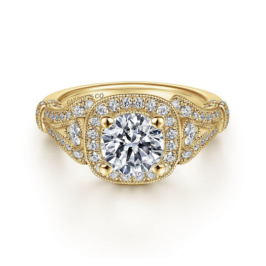 Vintage Inspired 14K Yellow Gold Cushion Halo Round Diamond Engagement Ring