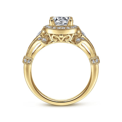 Vintage Inspired 14K Yellow Gold Cushion Halo Round Diamond Engagement Ring
