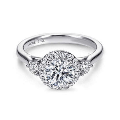 14K White Gold Round Three Stone Halo Diamond Engagement Ring