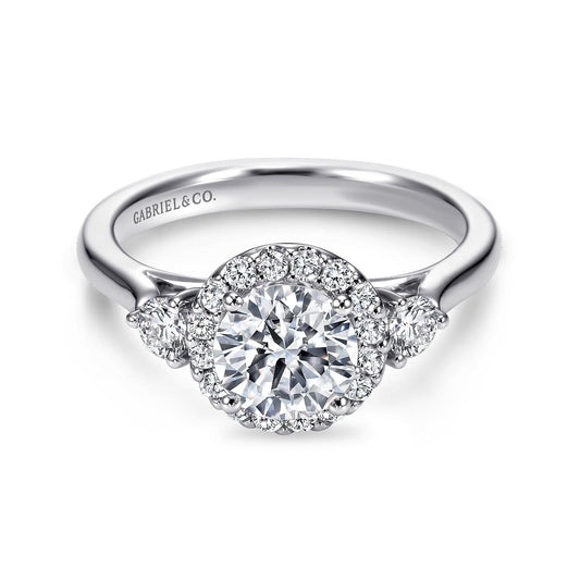 14K White Gold Round Three Stone Halo Diamond Engagement Ring