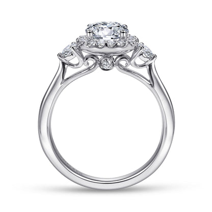 14K White Gold Round Three Stone Halo Diamond Engagement Ring