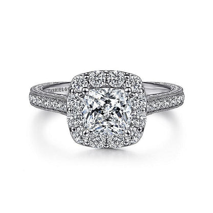 Gabriel & Co. ER7500W44JJ Vintage Inspired 14K White Gold Cushion Halo Diamond Engagement Ring