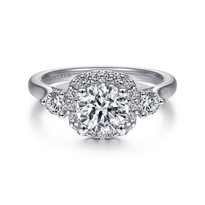 18K White Gold Cushion Halo Round Diamond Engagement Ring