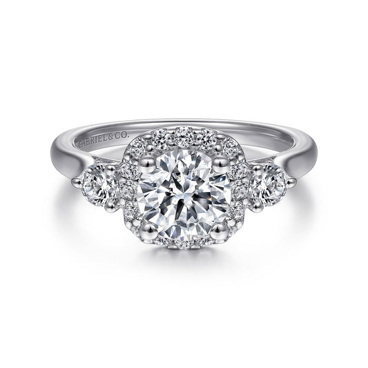 18K White Gold Cushion Halo Round Diamond Engagement Ring