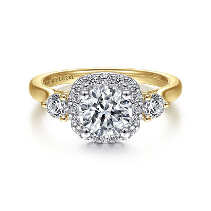 14K Yellow Gold Cushion Halo Round Diamond Engagement Ring