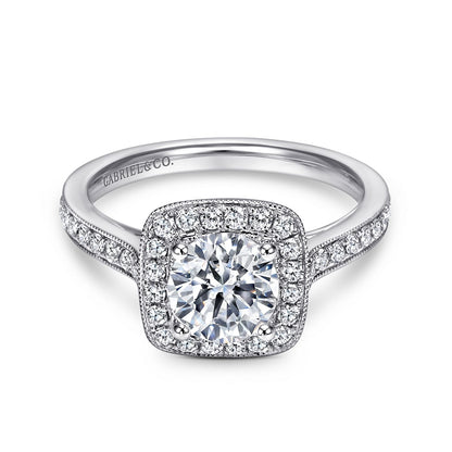 Vintage Inspired 14K White Gold Round Halo Diamond Engagement Ring