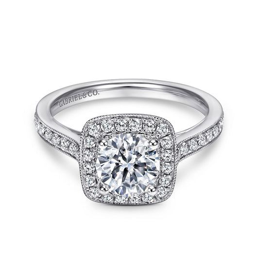 Vintage Inspired 14K White Gold Round Halo Diamond Engagement Ring