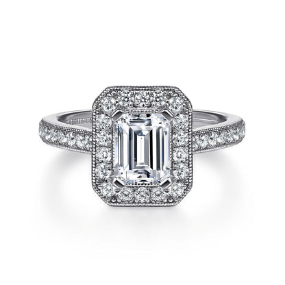 Vintage Inspired 14K White Gold Emerald Halo Diamond Engagement Ring