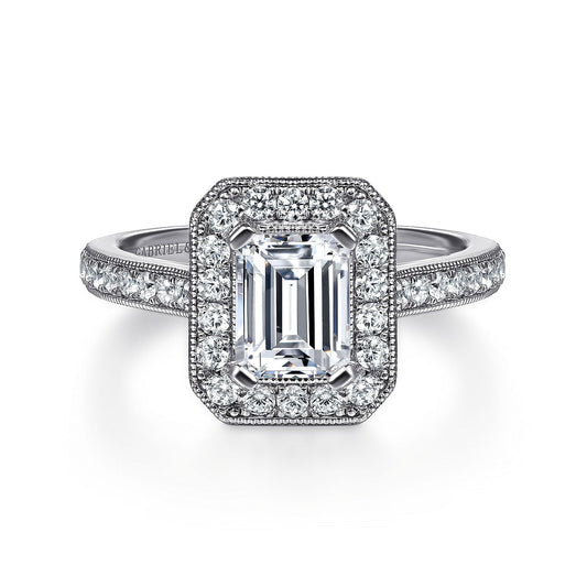 Vintage Inspired 14K White Gold Emerald Halo Diamond Engagement Ring