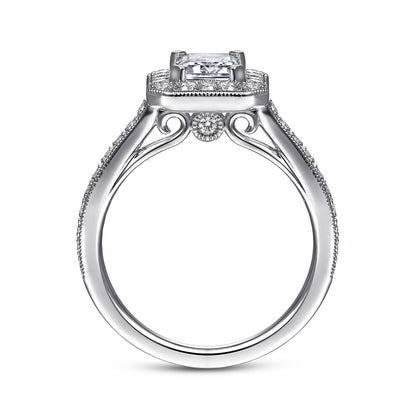 Vintage Inspired 14K White Gold Emerald Halo Diamond Engagement Ring