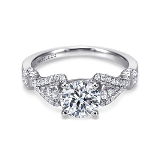 Vintage Inspired 14K White Gold Split Shank Round Diamond Engagement Ring
