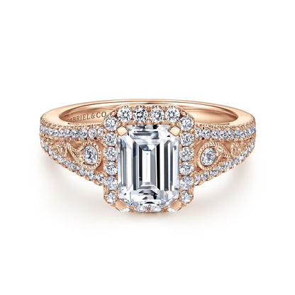Vintage Inspired 14K Rose Gold Emerald Halo Diamond Engagement Ring