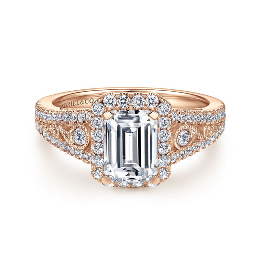 Vintage Inspired 14K Rose Gold Emerald Halo Diamond Engagement Ring