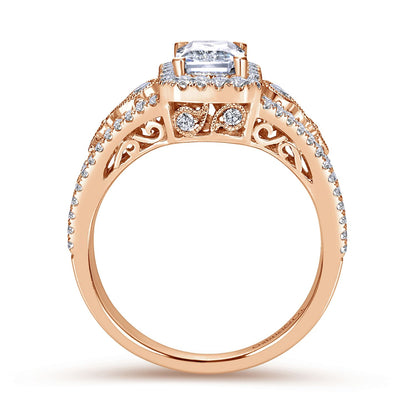 Vintage Inspired 14K Rose Gold Emerald Halo Diamond Engagement Ring