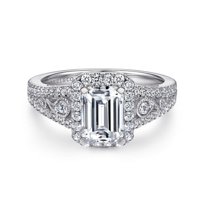 Vintage Inspired 14K White Gold Emerald Halo Diamond Engagement Ring