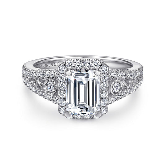 Vintage Inspired 14K White Gold Emerald Halo Diamond Engagement Ring