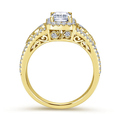 Vintage Inspired 14K Yellow Gold Emerald Halo Diamond Engagement Ring