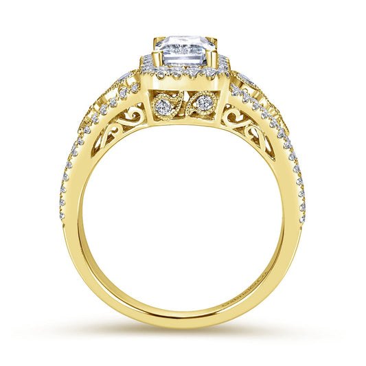 Vintage Inspired 14K Yellow Gold Emerald Halo Diamond Engagement Ring