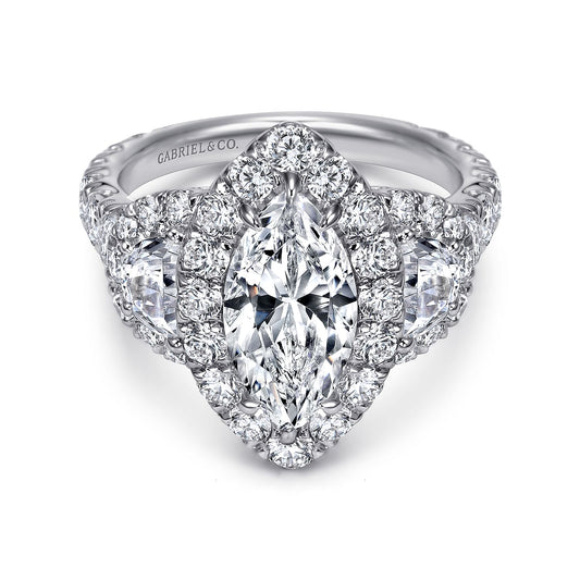 18K White Gold Marquise Three Stone Halo Diamond Engagement Ring