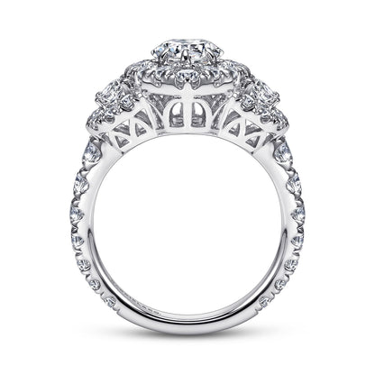 18K White Gold Marquise Three Stone Halo Diamond Engagement Ring