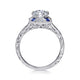 Vintage Inspired Platinum Octagonal Halo Round Sapphire and Diamond Engagement Ring