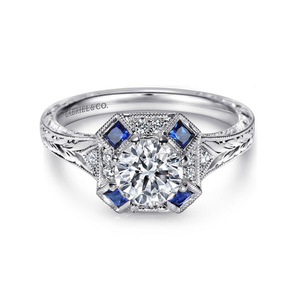Vintage Inspired 14K White Gold Octagonal Halo Round Sapphire and Diamond Engagement Ring