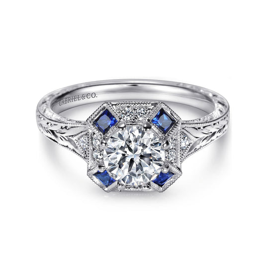 Vintage Inspired 14K White Gold Octagonal Halo Round Sapphire and Diamond Engagement Ring
