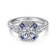 Vintage Inspired 14K White Gold Octagonal Halo Round Sapphire and Diamond Engagement Ring