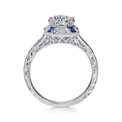 Vintage Inspired 14K White Gold Octagonal Halo Round Sapphire and Diamond Engagement Ring