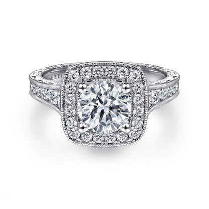 Vintage Inspired 14K White Gold Cushion Halo Round Diamond Channel Set Engagement Ring