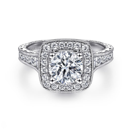 Vintage Inspired 14K White Gold Cushion Halo Round Diamond Channel Set Engagement Ring