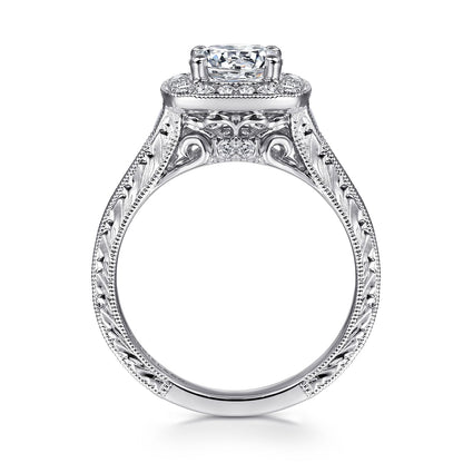 Vintage Inspired 14K White Gold Cushion Halo Round Diamond Channel Set Engagement Ring