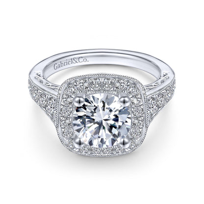 Vintage Inspired 14K White Gold Round Halo Diamond Engagement Ring